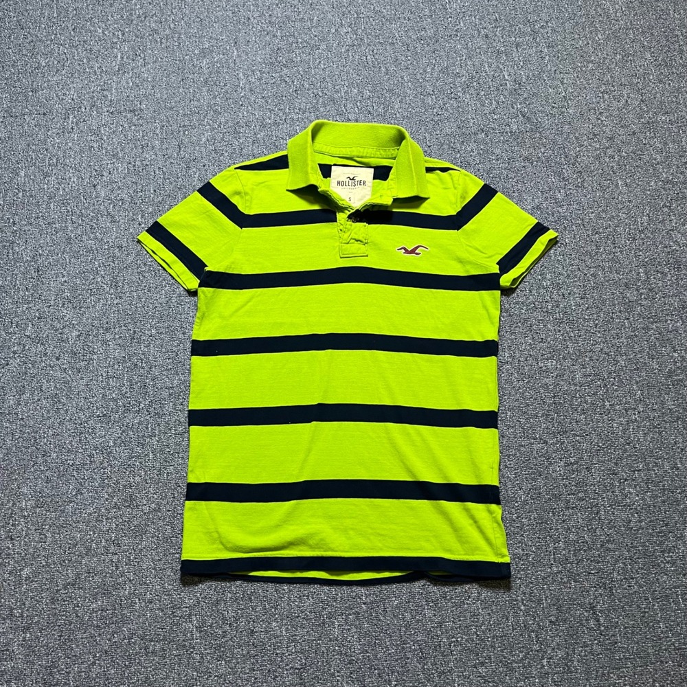 Hollister Polo Shirt Small Lime Green Navy Blue Striped Short Sleeve Preppy Mall